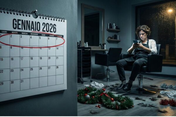 Parrucchiera stanca nel salone vuoto guarda il telefono con calendario Gennaio 2026 senza appuntamenti - Strategie Marketing Parrucchieri