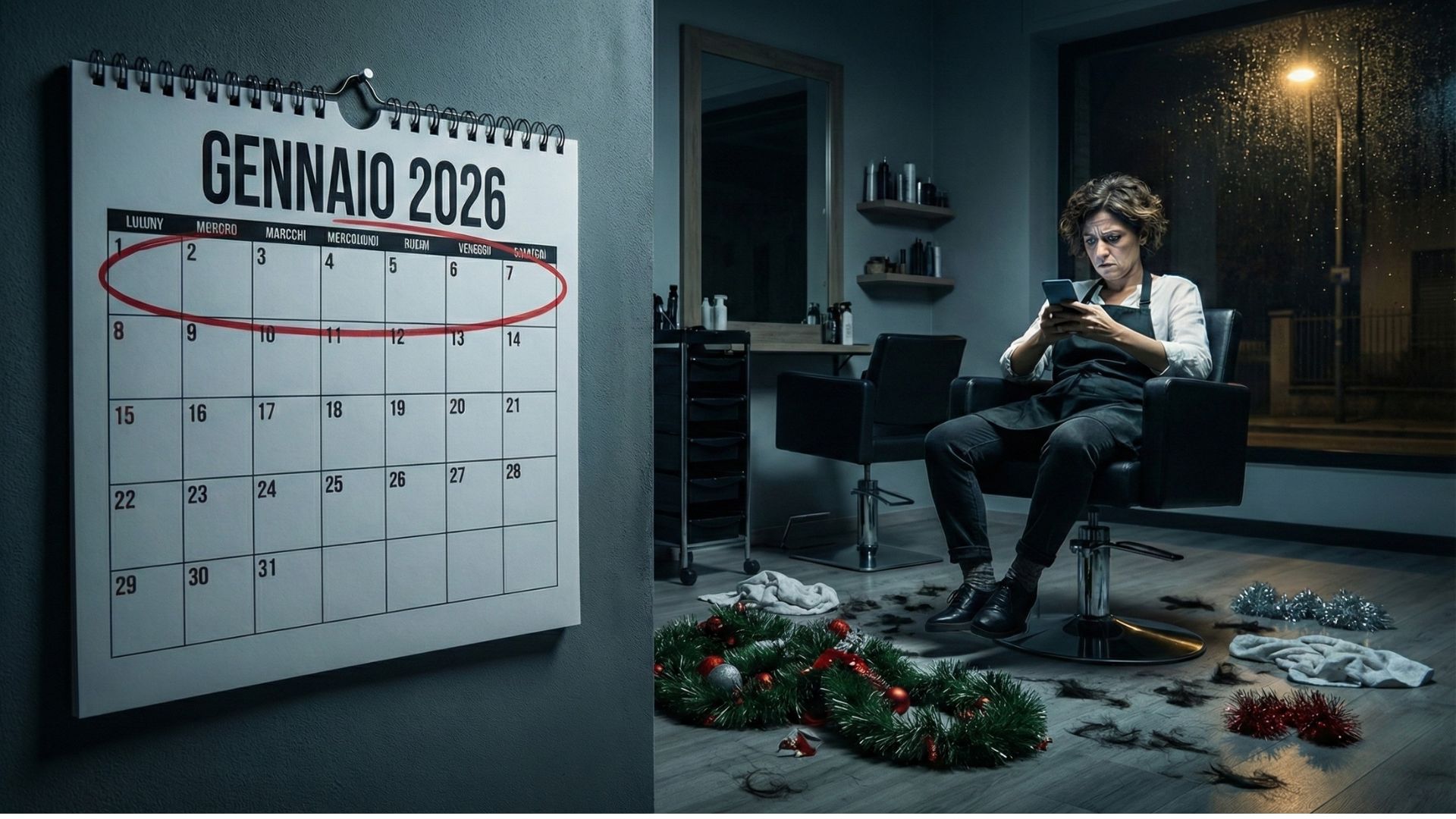 Parrucchiera stanca nel salone vuoto guarda il telefono con calendario Gennaio 2026 senza appuntamenti - Strategie Marketing Parrucchieri