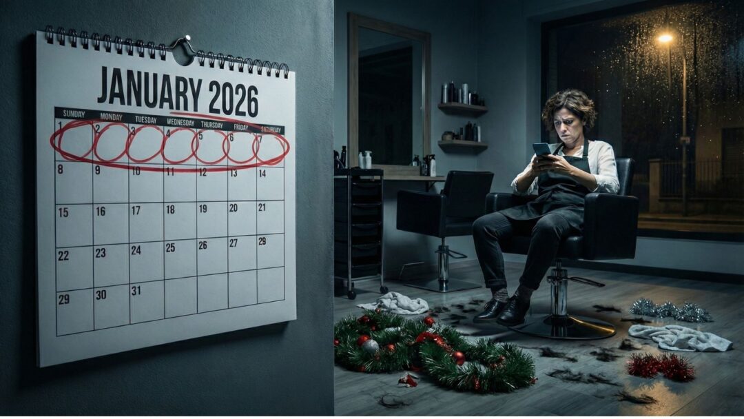 Tired salon owner looking at phone next to empty January 2026 calendar after Christmas rush - Salon Marketing Strategy