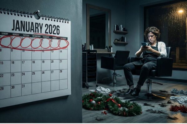 Tired salon owner looking at phone next to empty January 2026 calendar after Christmas rush - Salon Marketing Strategy