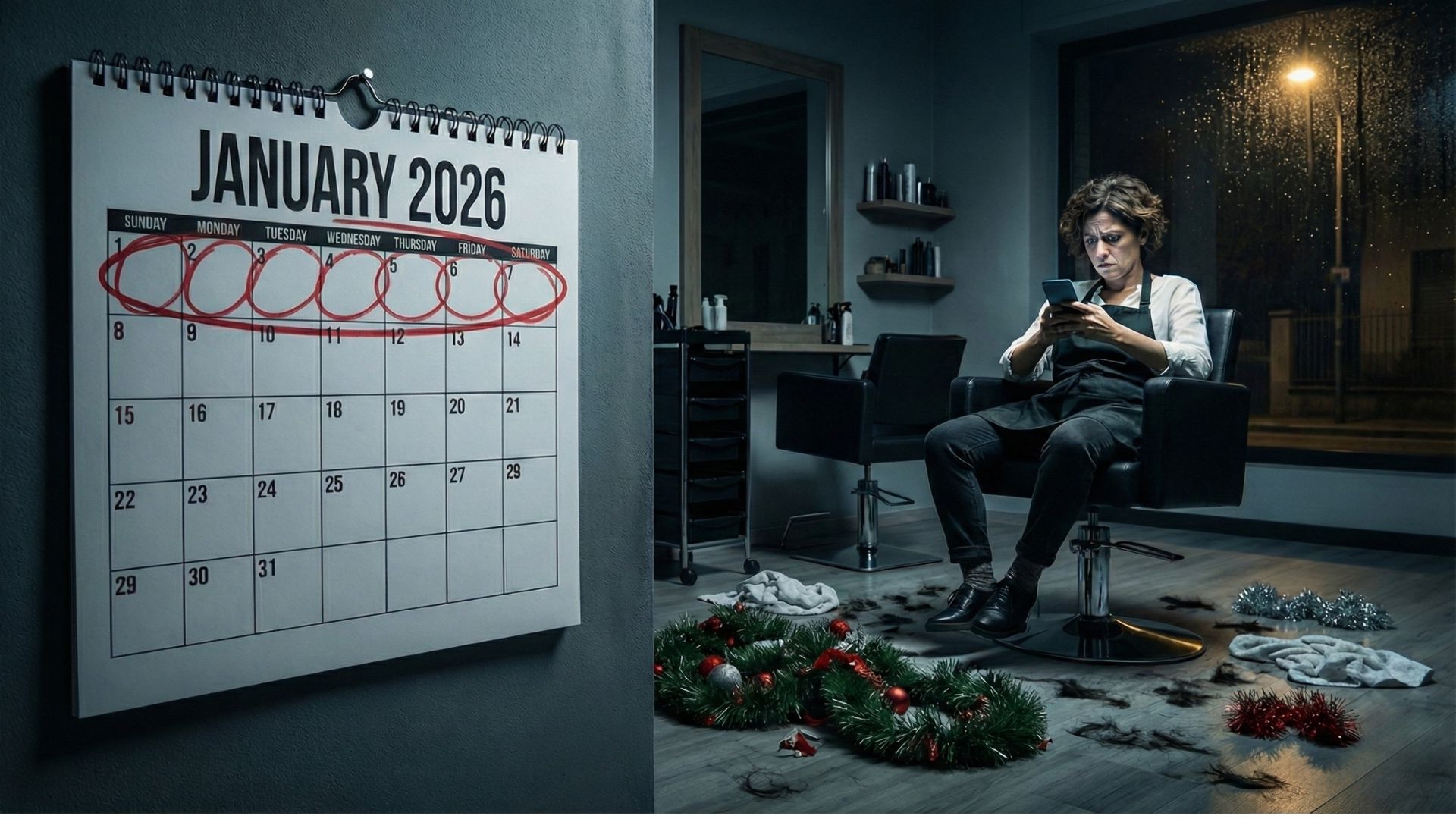 Tired salon owner looking at phone next to empty January 2026 calendar after Christmas rush - Salon Marketing Strategy