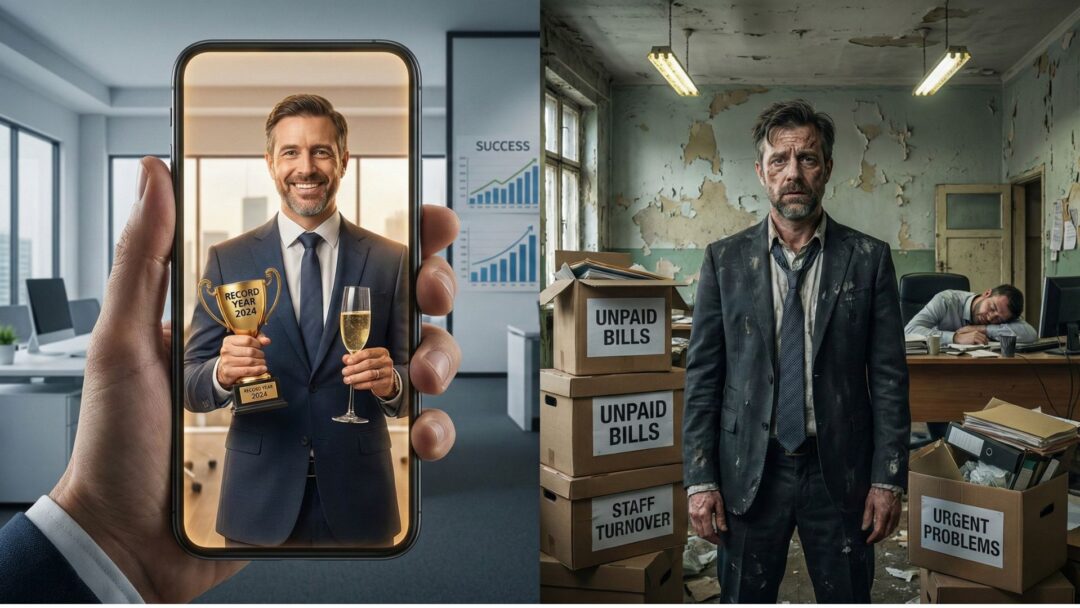 Manager scatta un selfie trionfale per LinkedIn fingendo successo, mentre lo sfondo rivela un ufficio in crisi con bollette non pagate e dipendenti esausti.