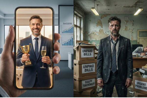 Manager scatta un selfie trionfale per LinkedIn fingendo successo, mentre lo sfondo rivela un ufficio in crisi con bollette non pagate e dipendenti esausti.