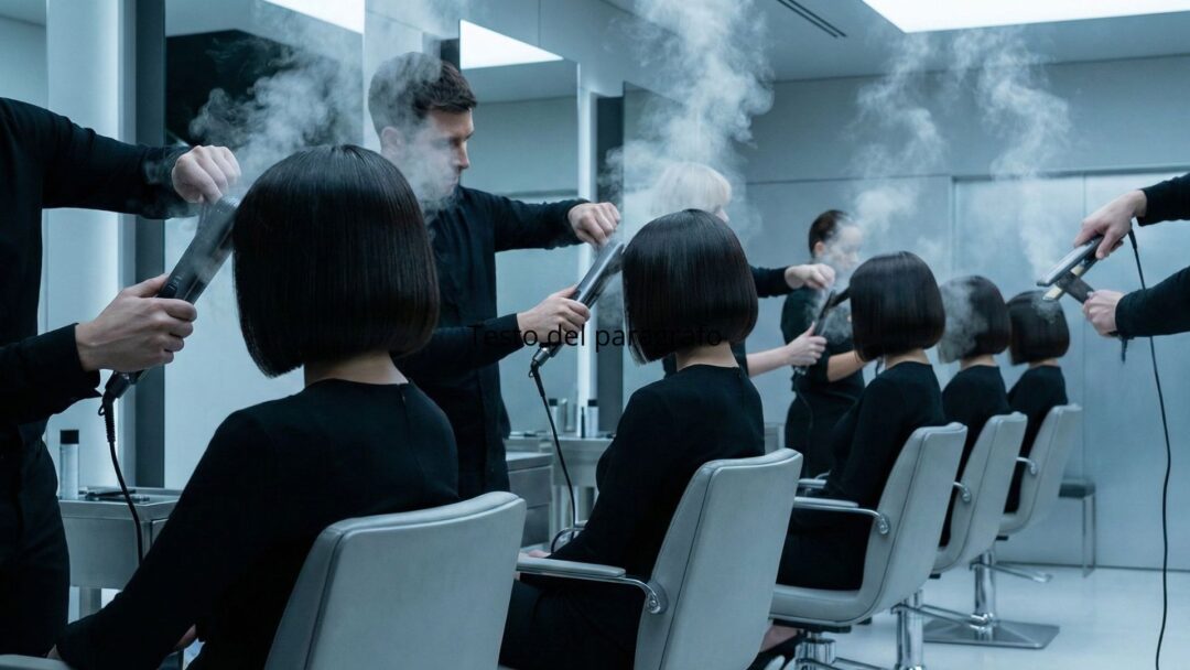 Una fila di parrucchieri maschi vestiti di nero utilizza piastre a vapore per acconciare donne con identici caschetti neri in un salone futuristico e asettico.