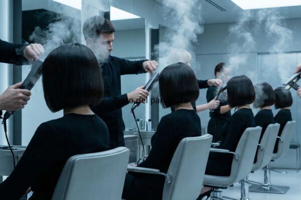 Una fila di parrucchieri maschi vestiti di nero utilizza piastre a vapore per acconciare donne con identici caschetti neri in un salone futuristico e asettico.