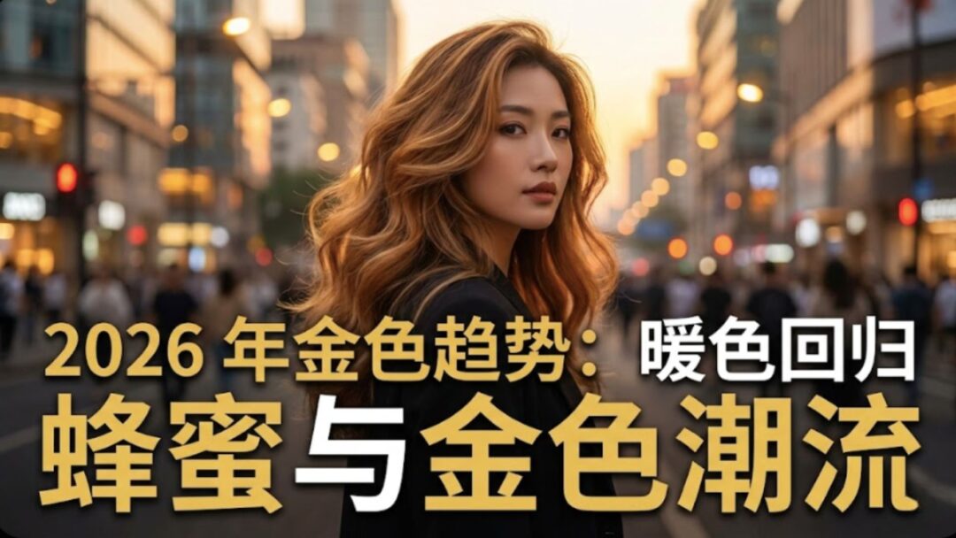 位亚洲女性在城市日落背景下展示温暖的蜂蜜金色挑染头发。叠加的中文文字写着：“2026 年金色趋势：暖色回归”和“蜂蜜与金色潮流”。