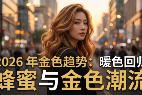 位亚洲女性在城市日落背景下展示温暖的蜂蜜金色挑染头发。叠加的中文文字写着：“2026 年金色趋势：暖色回归”和“蜂蜜与金色潮流”。