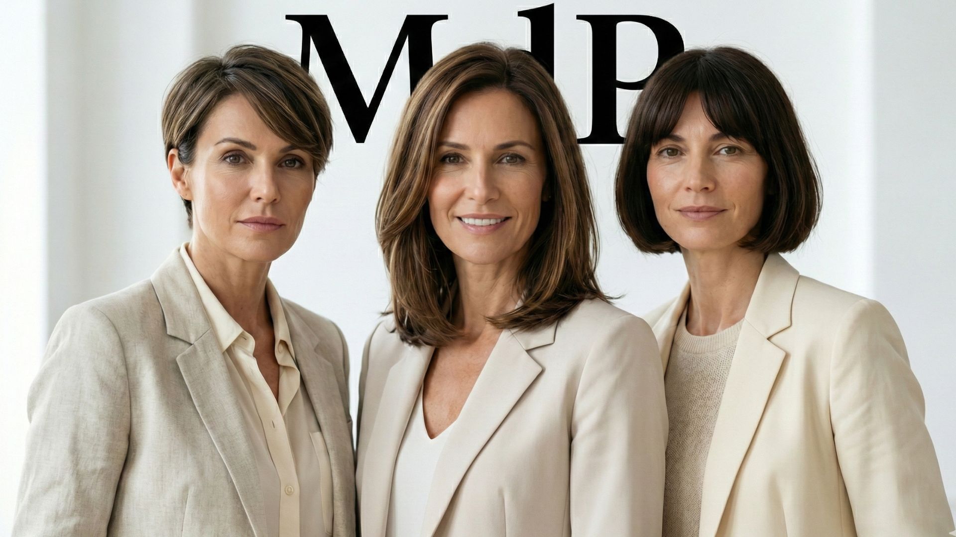 Tre donne adulte con tagli di capelli eleganti: pixie cut, long bob scalato e french bob, styling naturale e look raffinato.