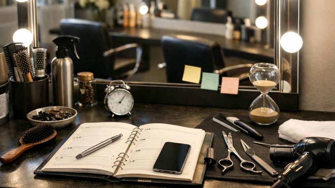 Postazione in salone con agenda aperta, smartphone e strumenti (forbici, pettini, phon) pronta per il rientro al lavoro.