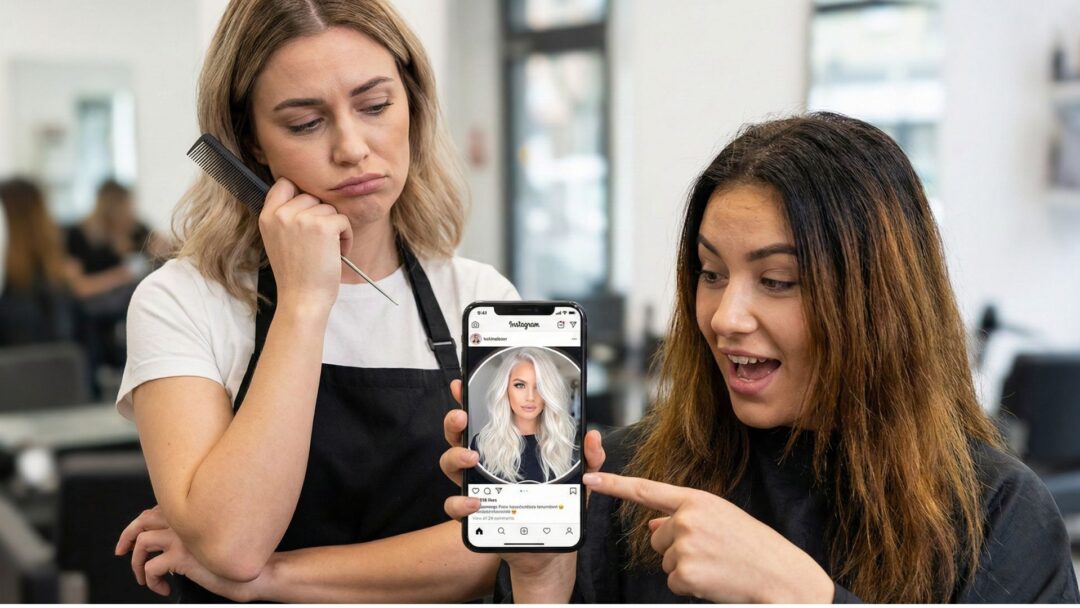 Parrucchiera con espressione rassegnata osserva una cliente che mostra entusiasta sullo smartphone una foto di capelli biondo platino irrealistica e modificata con filtri Instagram.