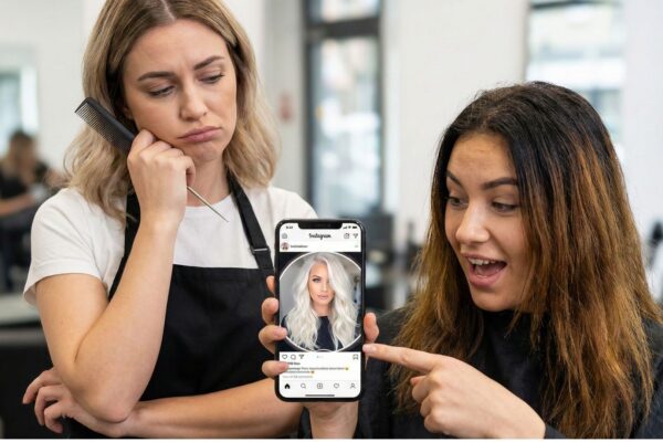 Parrucchiera con espressione rassegnata osserva una cliente che mostra entusiasta sullo smartphone una foto di capelli biondo platino irrealistica e modificata con filtri Instagram.