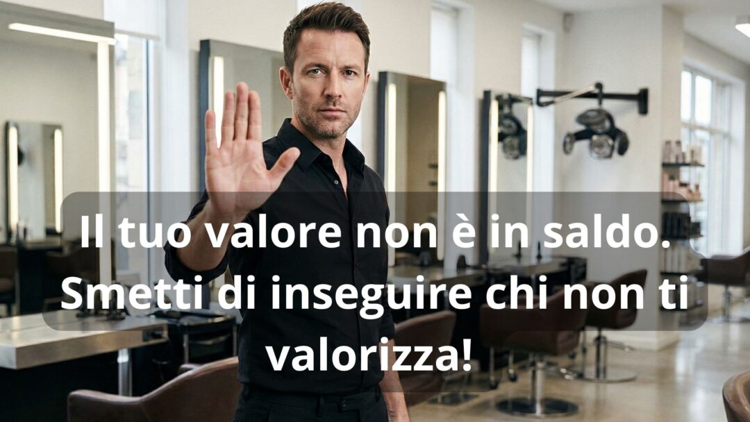 Parrucchiere professionista in salone fa il gesto di stop con la mano verso la camera. Testo sovraimpresso: Il tuo valore non è in saldo. Smetti di inseguire chi non ti valorizza.