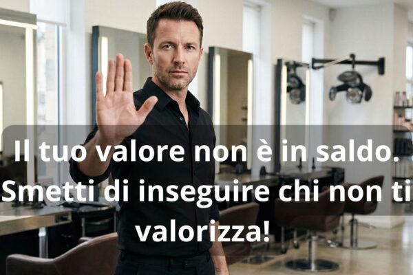Parrucchiere professionista in salone fa il gesto di stop con la mano verso la camera. Testo sovraimpresso: Il tuo valore non è in saldo. Smetti di inseguire chi non ti valorizza.