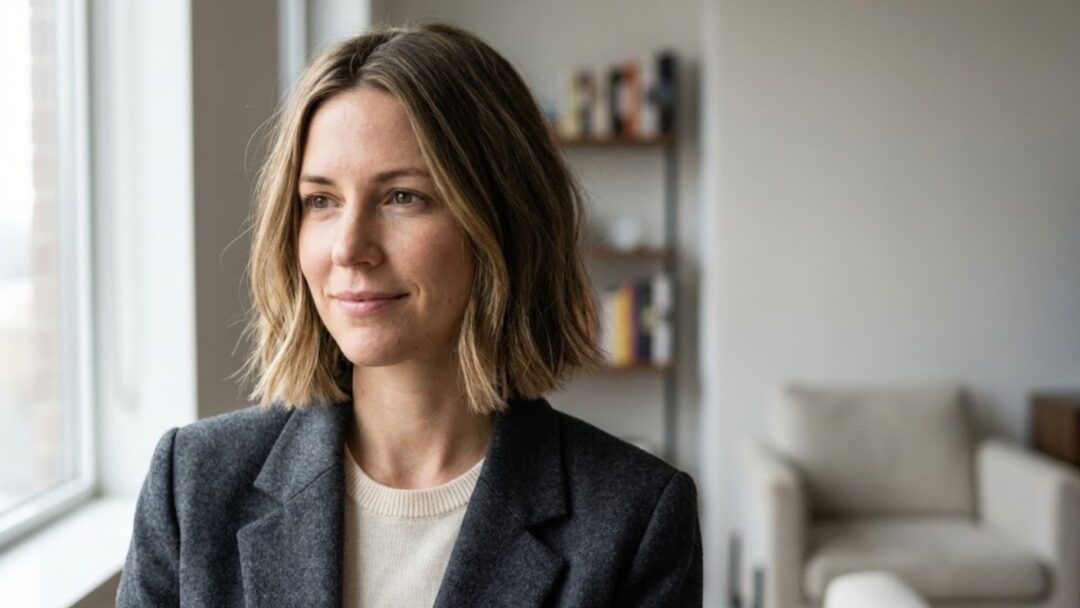 Donna con caschetto destrutturato (Textured Bob) mosso e naturale con balayage biondo scuro.