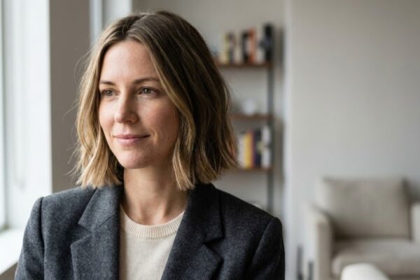 Donna con caschetto destrutturato (Textured Bob) mosso e naturale con balayage biondo scuro.