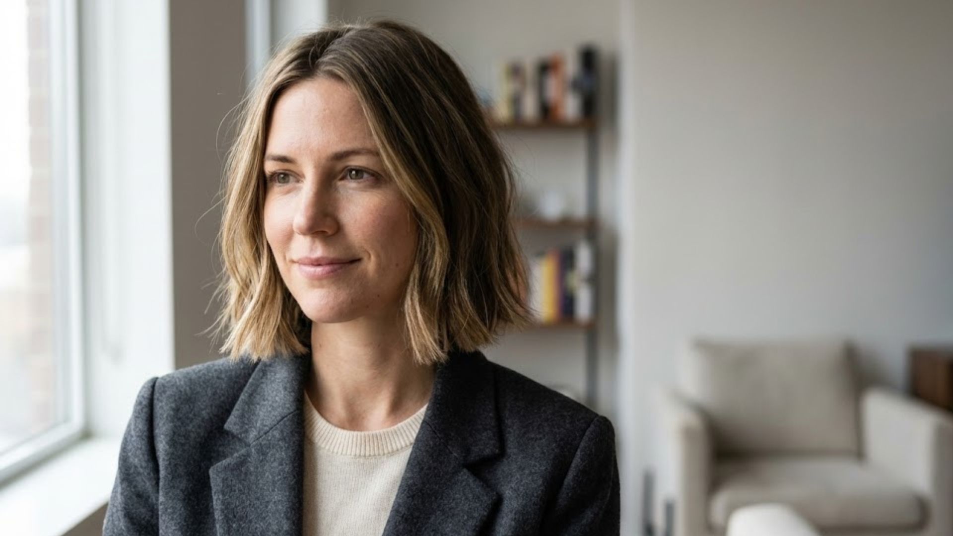 Donna con caschetto destrutturato (Textured Bob) mosso e naturale con balayage biondo scuro.