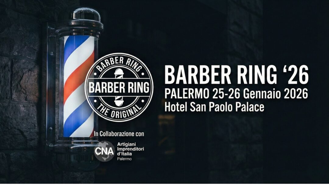 Locandina ufficiale evento Barber Ring 2026 a Palermo con barber pole illuminato e logo CNA Artigiani Imprenditori d'Italia.