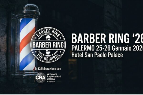 Locandina ufficiale evento Barber Ring 2026 a Palermo con barber pole illuminato e logo CNA Artigiani Imprenditori d'Italia.