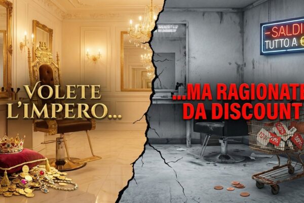 Grafica divisa a metà: a sinistra un salone di lusso dorato con poltrona regale e la scritta "Volete l'Impero...", a destra un ambiente fatiscente con un carrello della spesa arrugginito e la scritta "...ma ragionate da Discount".