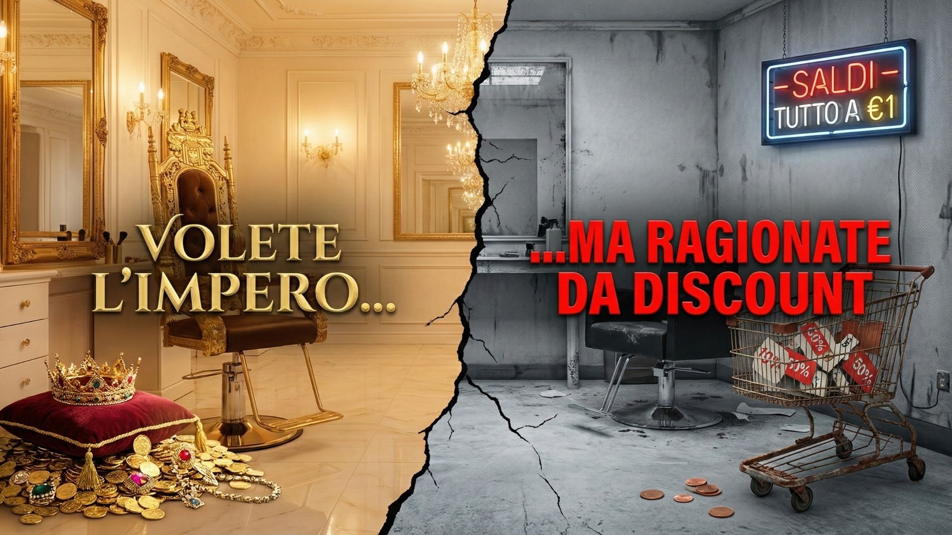 Grafica divisa a metà: a sinistra un salone di lusso dorato con poltrona regale e la scritta "Volete l'Impero...", a destra un ambiente fatiscente con un carrello della spesa arrugginito e la scritta "...ma ragionate da Discount".
