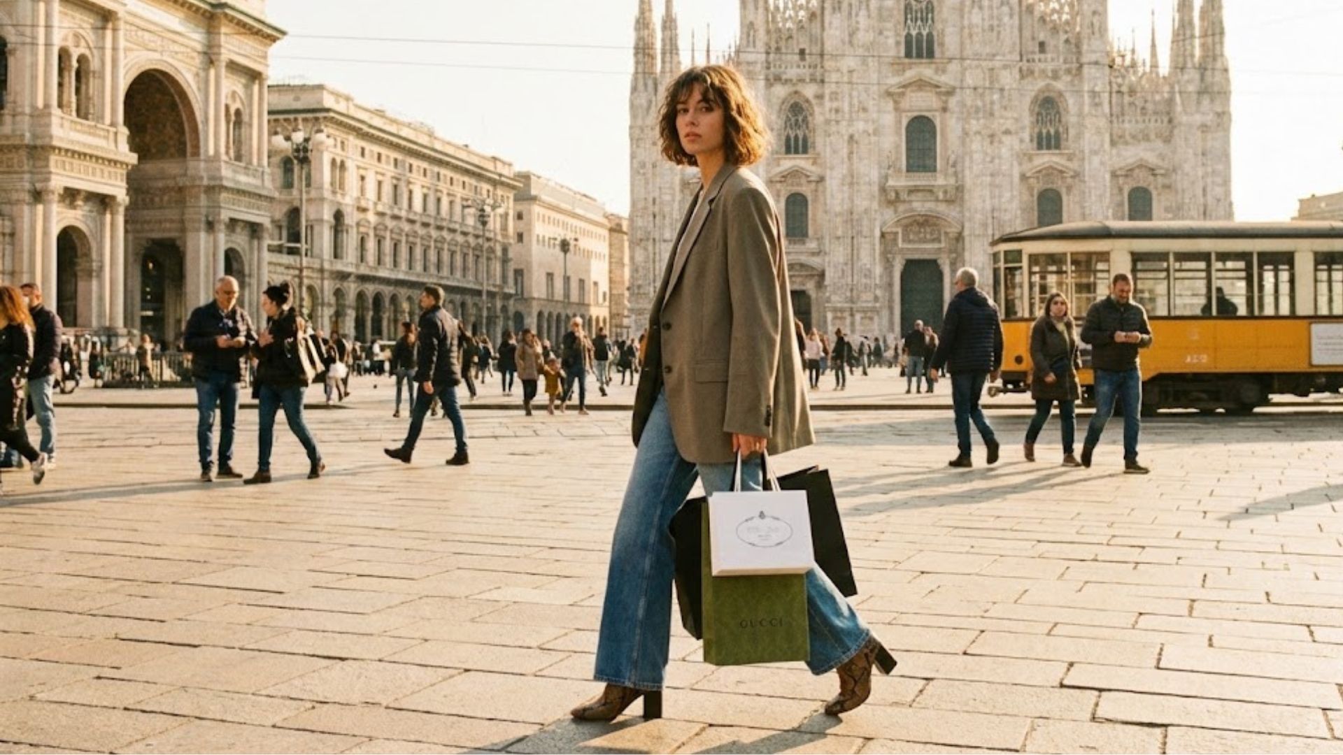 Modella con taglio Wavy Bob mosso trendy cammina in Piazza Duomo a Milano con borse dello shopping di lusso.