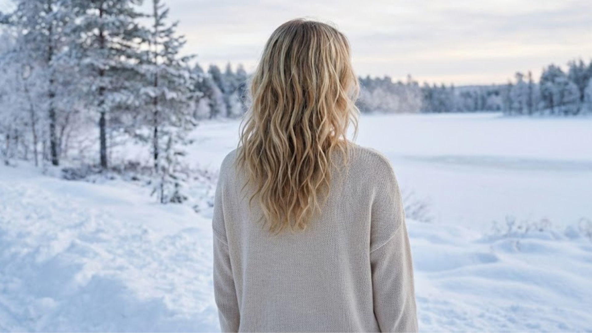 Rear view of blonde hair with soft, deconstructed beach waves styling against a blurred snowy winter landscape, highlighting natural texture.