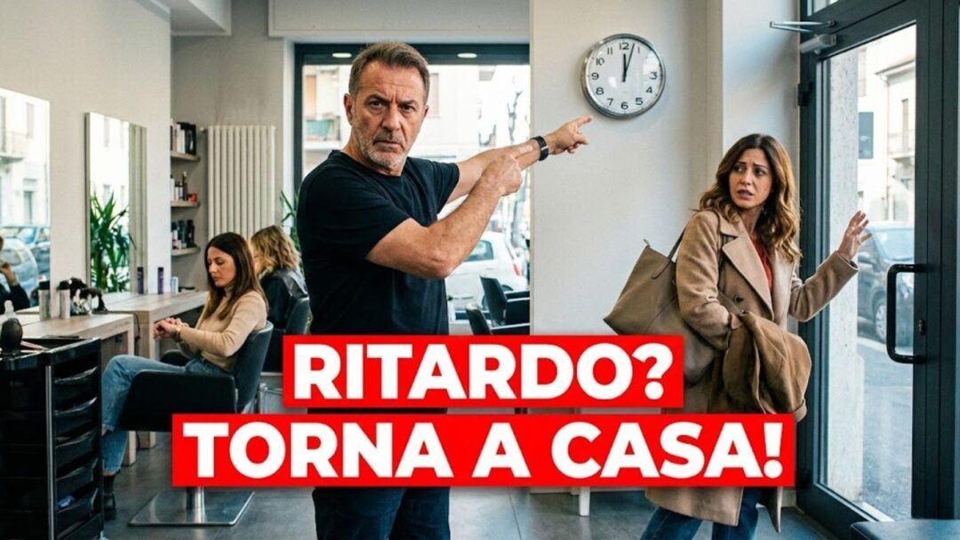 Parrucchiere titolare autorevole indica la porta a una cliente arrivata in ritardo, gestione appuntamenti salone e rispetto orari parrucchieri.