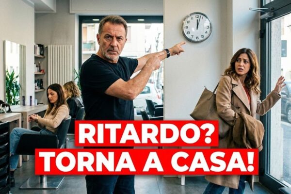 Parrucchiere titolare autorevole indica la porta a una cliente arrivata in ritardo, gestione appuntamenti salone e rispetto orari parrucchieri.