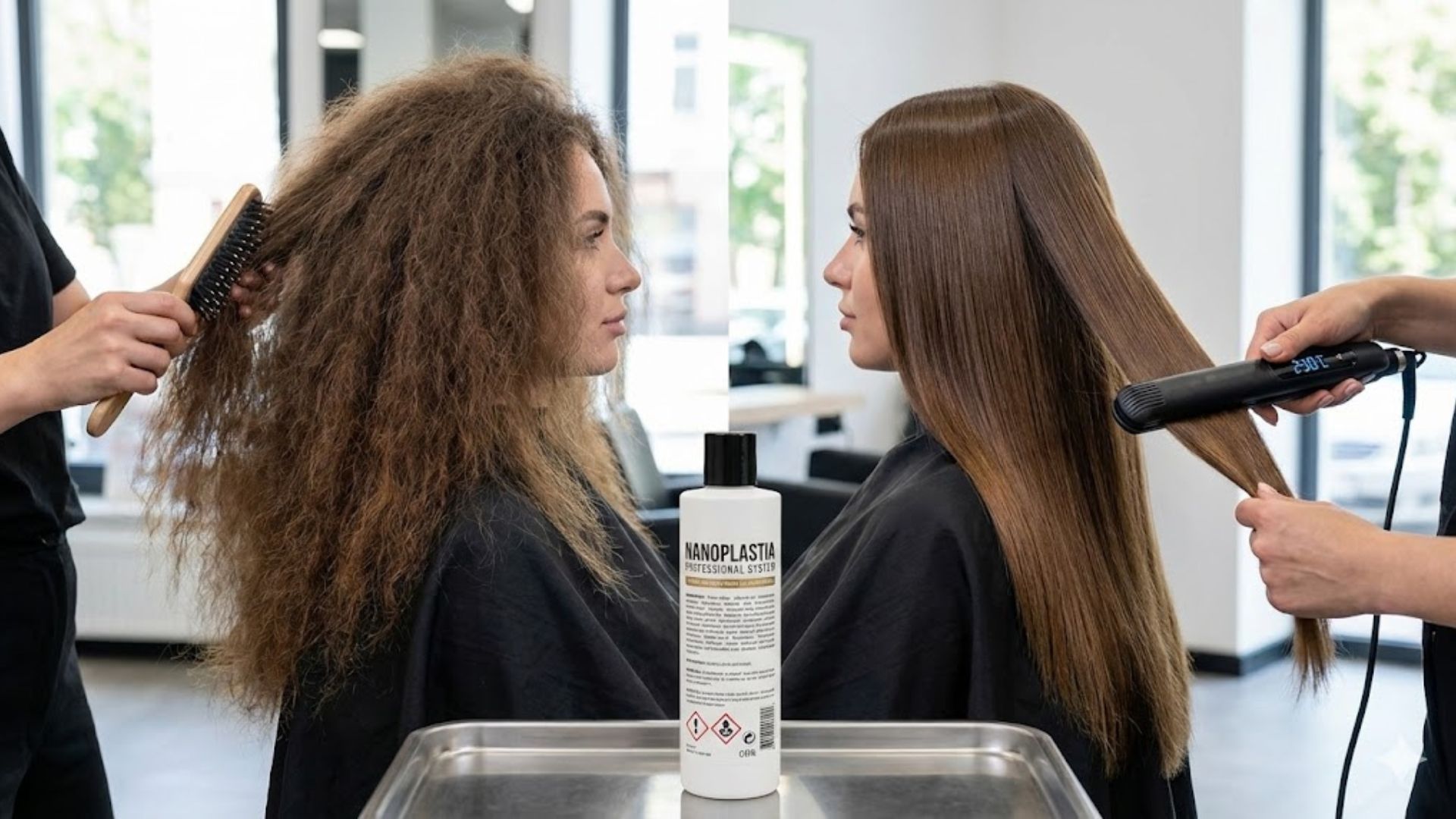Nanoplastia 2026 confronto realistico prima e dopo trattamento lisciante professionale su capelli crespi in salone.