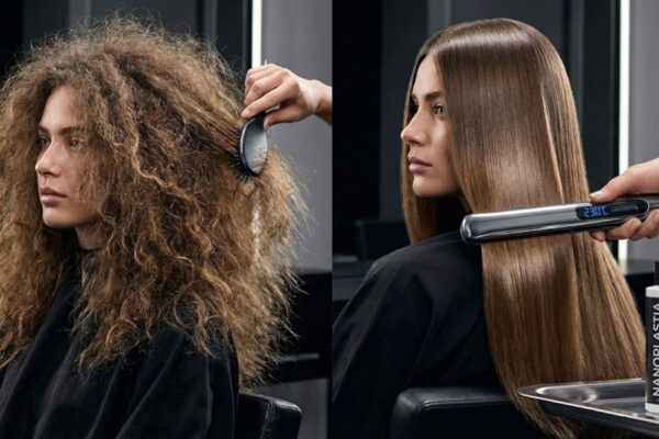 Nanoplastia 2026 realistic before and after comparison of professional straightening treatment on frizzy hair in a salon.