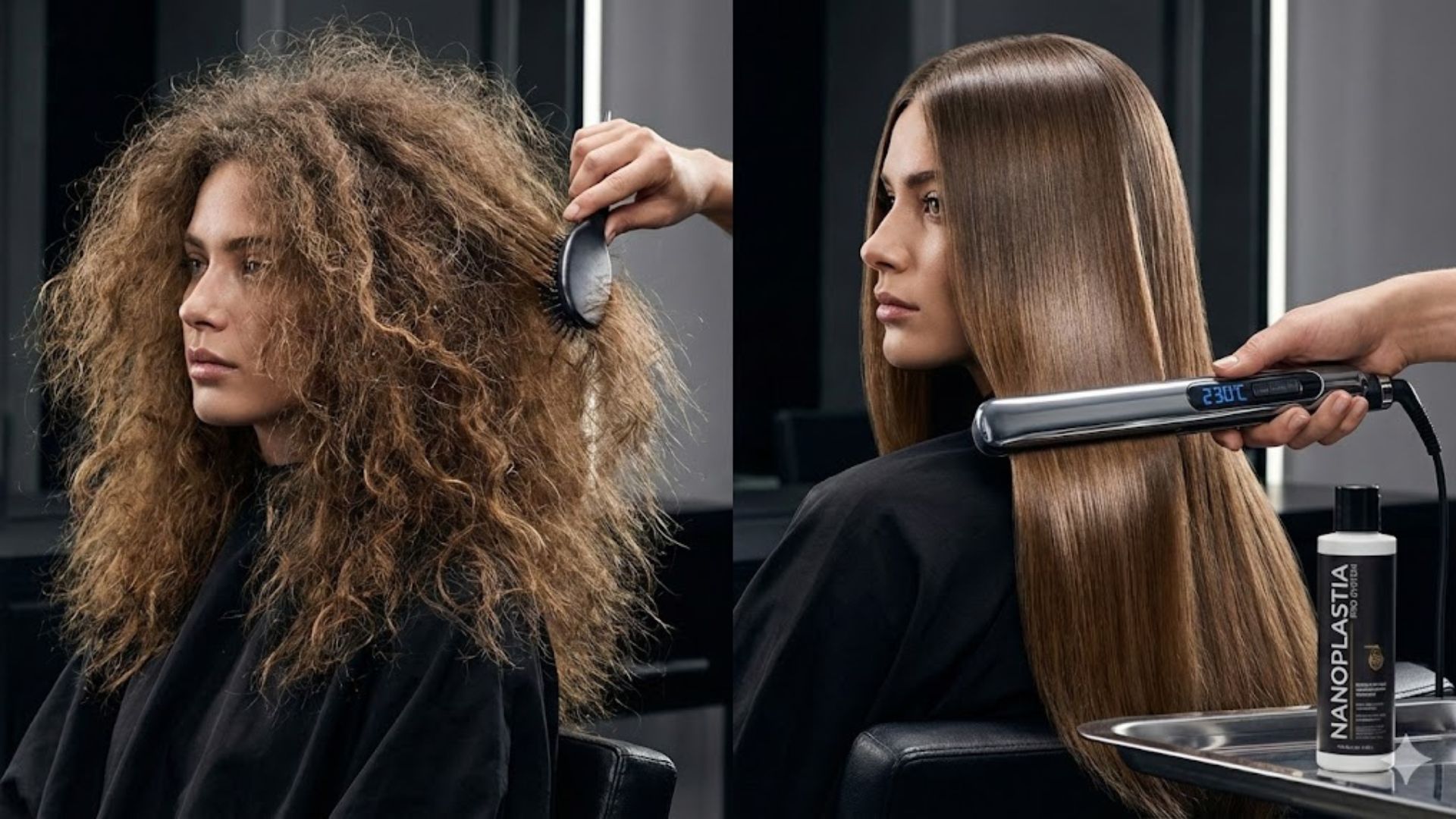 Nanoplastia 2026 realistic before and after comparison of professional straightening treatment on frizzy hair in a salon.