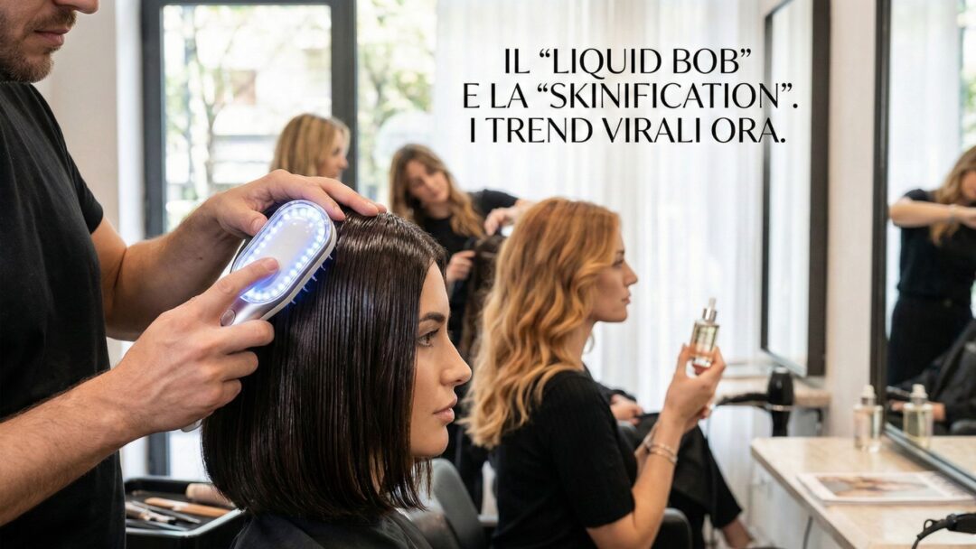 Modella cammina a Milano con taglio caschetto Liquid Bob colore Cashmere Brunette e trench beige