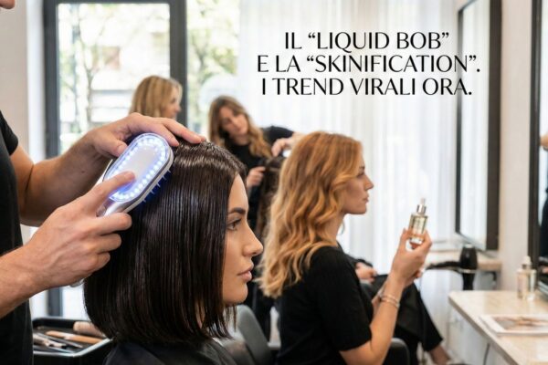 Modella cammina a Milano con taglio caschetto Liquid Bob colore Cashmere Brunette e trench beige