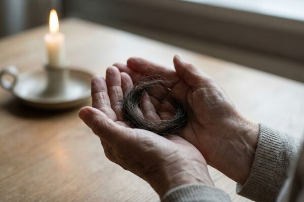 Primo piano di mani anziane che custodiscono con rispetto una ciocca di capelli, con una candela accesa sullo sfondo sfocato. Simbolo di memoria e dignità per il Giorno della Memoria.