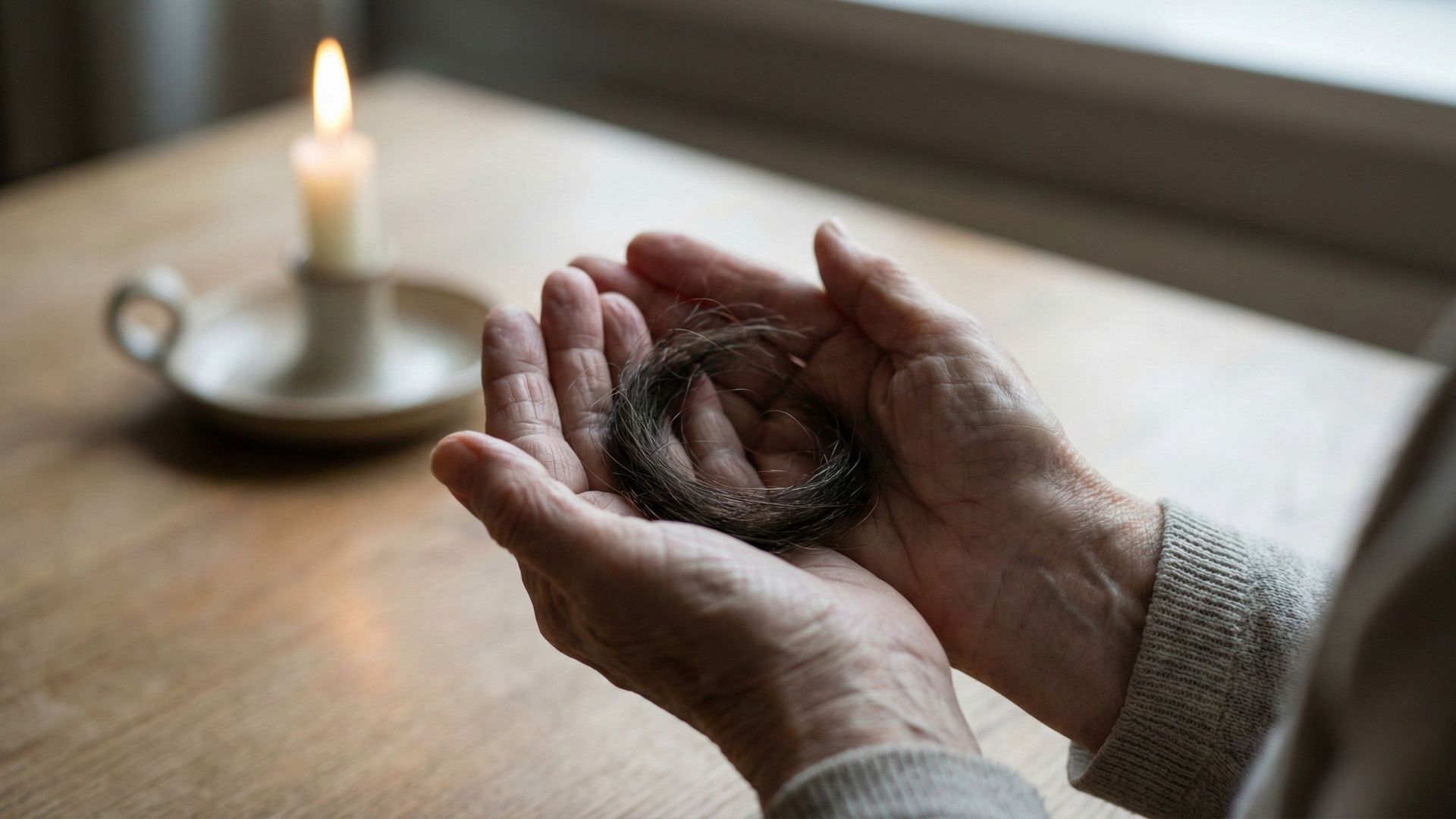 Primo piano di mani anziane che custodiscono con rispetto una ciocca di capelli, con una candela accesa sullo sfondo sfocato. Simbolo di memoria e dignità per il Giorno della Memoria.