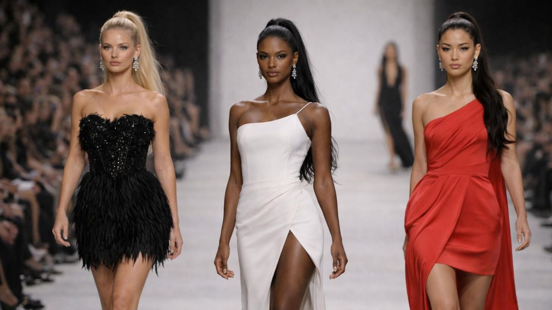 Sfilata trend capelli 2026 con modelle che portano la coda alta stile Jacquemus ed effetto glass hair realizzato con prodotti professionali.