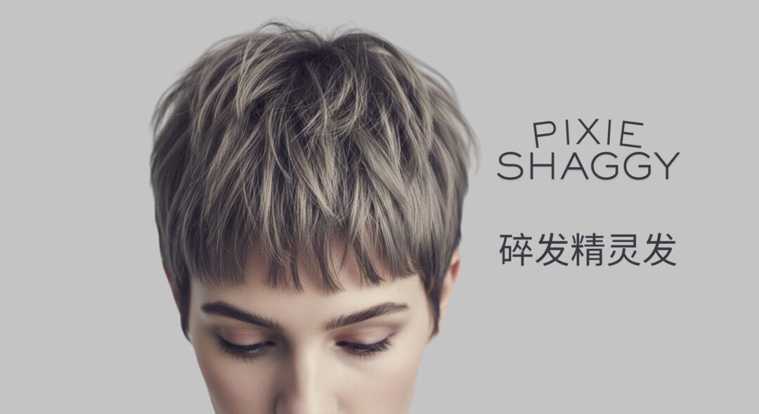 Professional Pixie Shaggy haircut on a woman with ash-blonde hair, featuring layered texture and choppy edges, including English and Chinese typography.