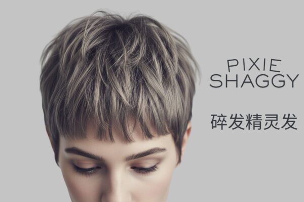 Professional Pixie Shaggy haircut on a woman with ash-blonde hair, featuring layered texture and choppy edges, including English and Chinese typography.
