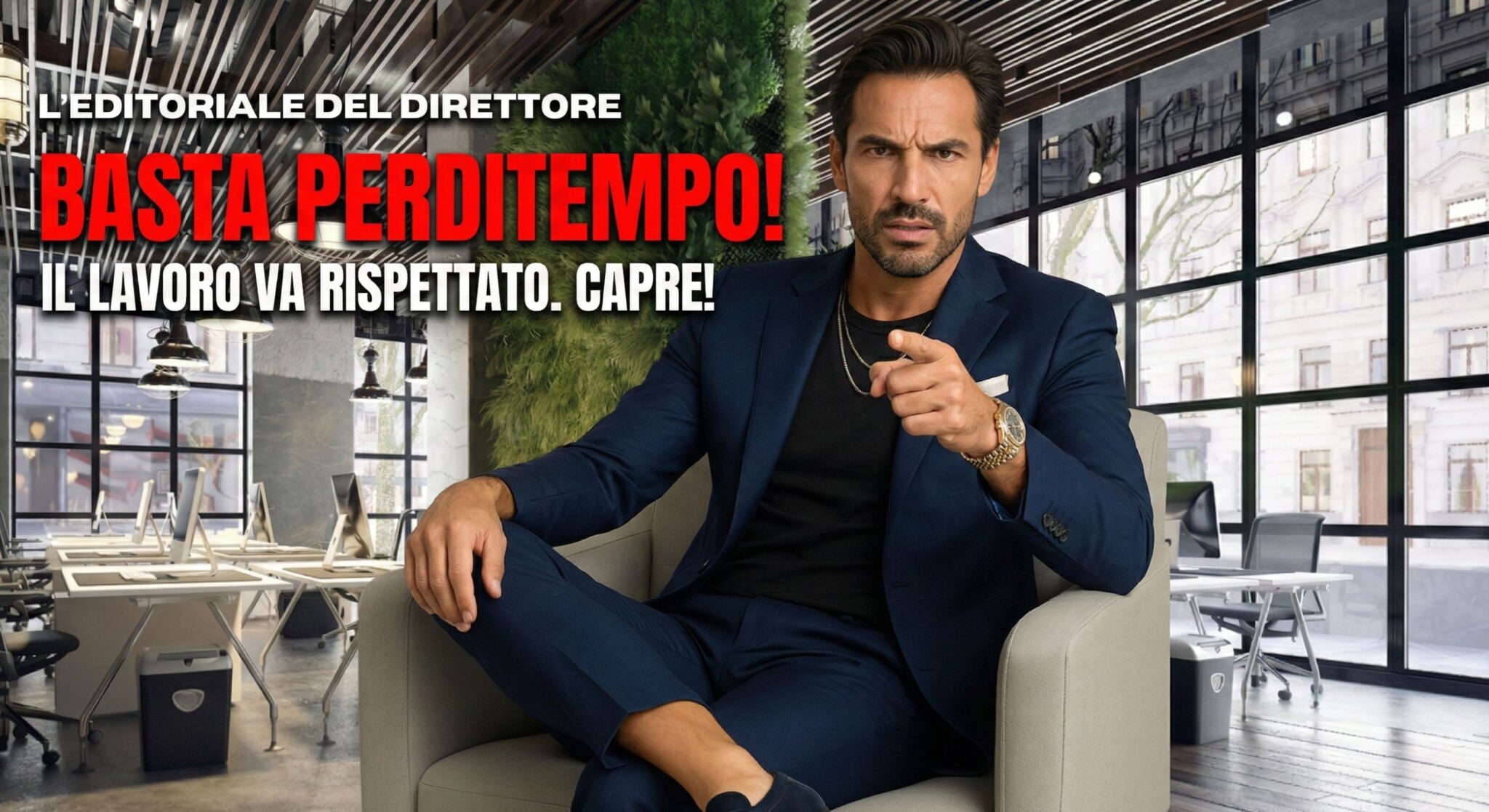 Max Randi, Direttore MDP, con espressione arrabbiata punta il dito verso l'osservatore. Testo grafico rosso e bianco sovraimpresso: "L'EDITORIALE DEL DIRETTORE - BASTA PERDITEMPO! IL LAVORO VA RISPETTATO. CAPRE!"