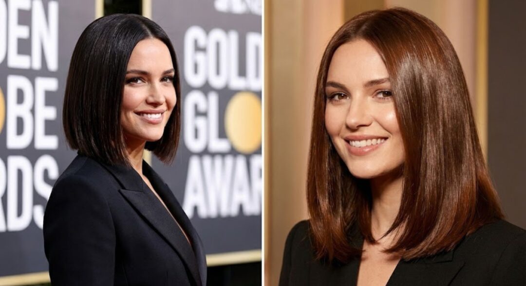 2026 Hair Trends comparison: Golden Globes sharp bob cut versus warm glossy brunette hairstyle. 2026年发型趋势对比：金球奖利落波波头与温暖光泽栗色发型。