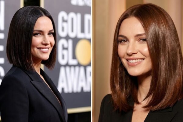 Tendenze capelli 2026: confronto tra taglio bob geometrico netto stile Golden Globes e colore castano caldo glossy full color.