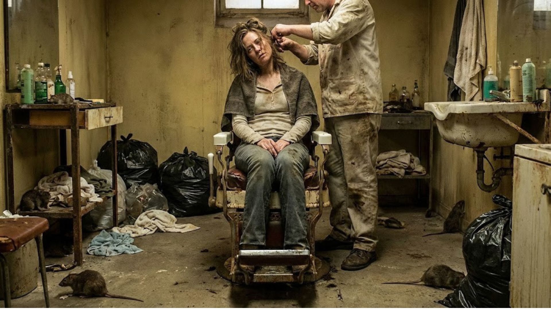 Donna con capelli sporchi e disordinati seduta su una sedia rotta in uno scantinato lurido pieno di spazzatura e topi, mentre un uomo in abiti sporchi le taglia i capelli.