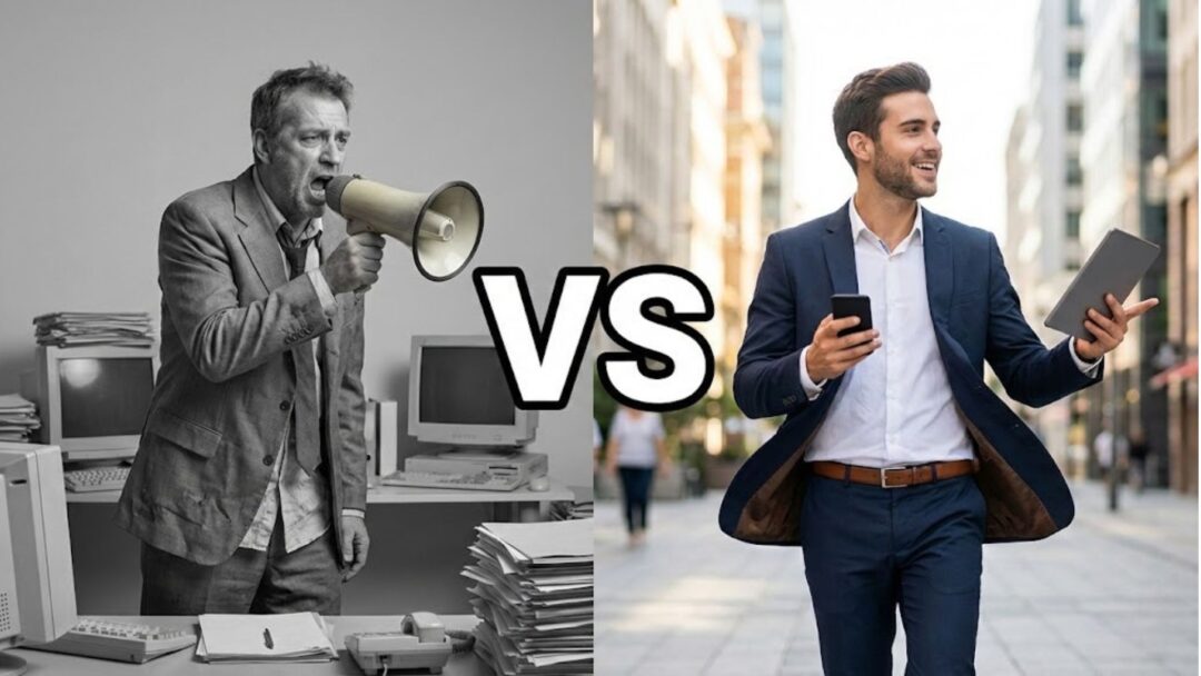 Immagine divisa a metà con scritta VS: a sinistra manager arrabbiato in ufficio grigio che urla col megafono, a destra agente commerciale dinamico e sorridente con smartphone in città.