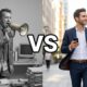 Immagine divisa a metà con scritta VS: a sinistra manager arrabbiato in ufficio grigio che urla col megafono, a destra agente commerciale dinamico e sorridente con smartphone in città.