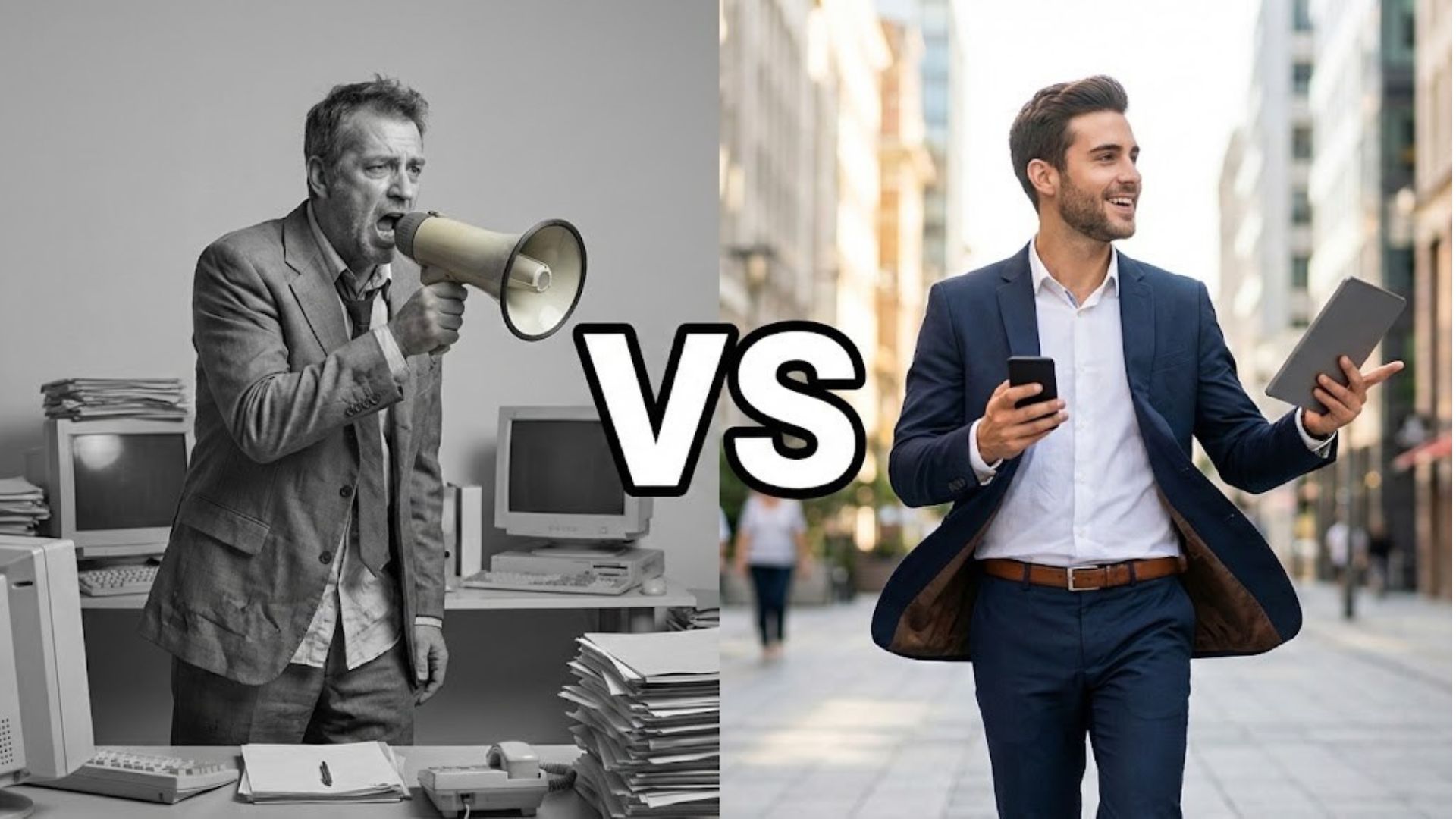 Immagine divisa a metà con scritta VS: a sinistra manager arrabbiato in ufficio grigio che urla col megafono, a destra agente commerciale dinamico e sorridente con smartphone in città.