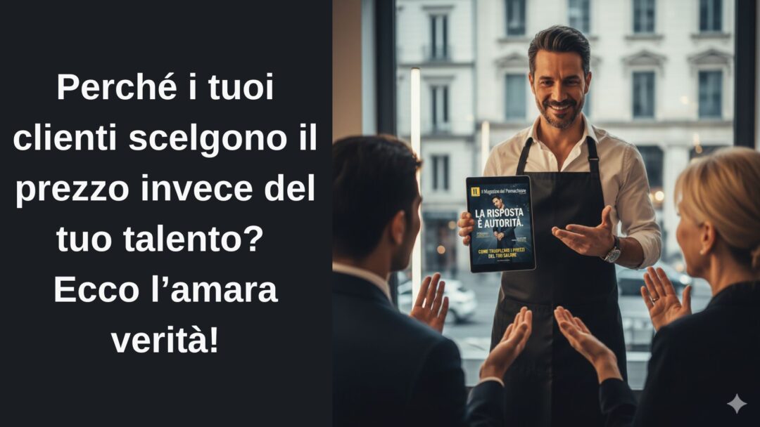 Grafica per parrucchieri con la domanda "Perché i tuoi clienti scelgono il prezzo invece del tuo talento?" e l'immagine di un professionista autorevole che mostra l'intervista di MDP su tablet.