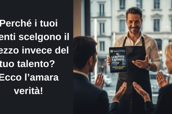 Grafica per parrucchieri con la domanda "Perché i tuoi clienti scelgono il prezzo invece del tuo talento?" e l'immagine di un professionista autorevole che mostra l'intervista di MDP su tablet.