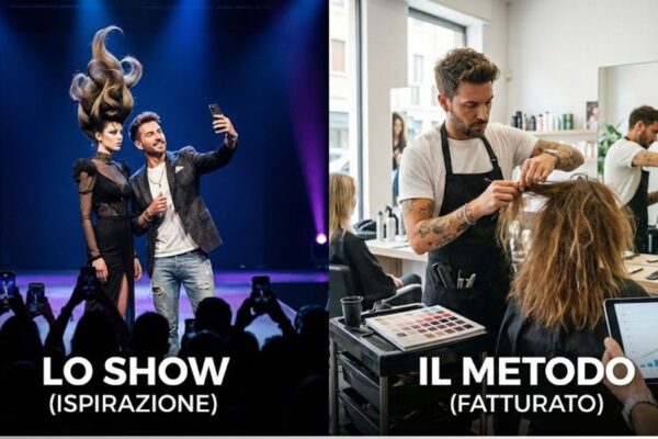 Grafica split-screen formazione parrucchieri: a sinistra hairstylist sul palco per lo show (ispirazione), a destra al lavoro in salone su cliente reale (fatturato e metodo).