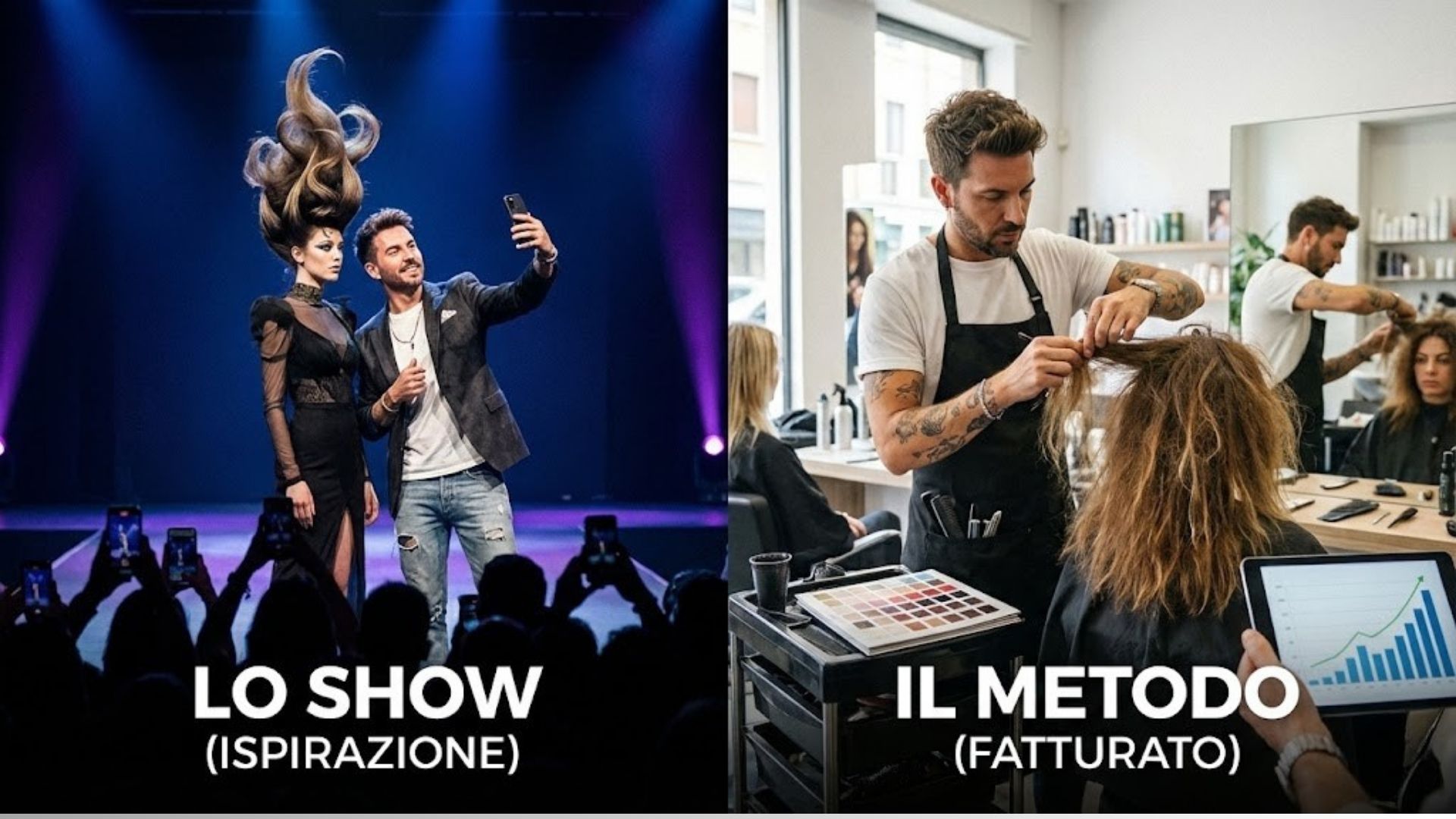 Grafica split-screen formazione parrucchieri: a sinistra hairstylist sul palco per lo show (ispirazione), a destra al lavoro in salone su cliente reale (fatturato e metodo).
