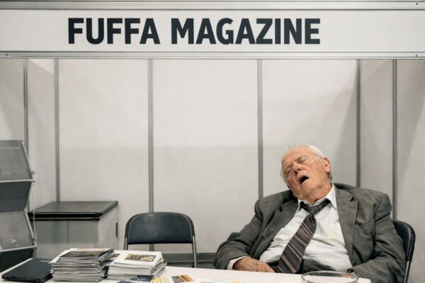 Uomo anziano in giacca e cravatta sgualcita che dorme su una sedia, seduto dietro un tavolo in uno stand fieristico vuoto con insegna “FUFFA MAGAZINE”.
